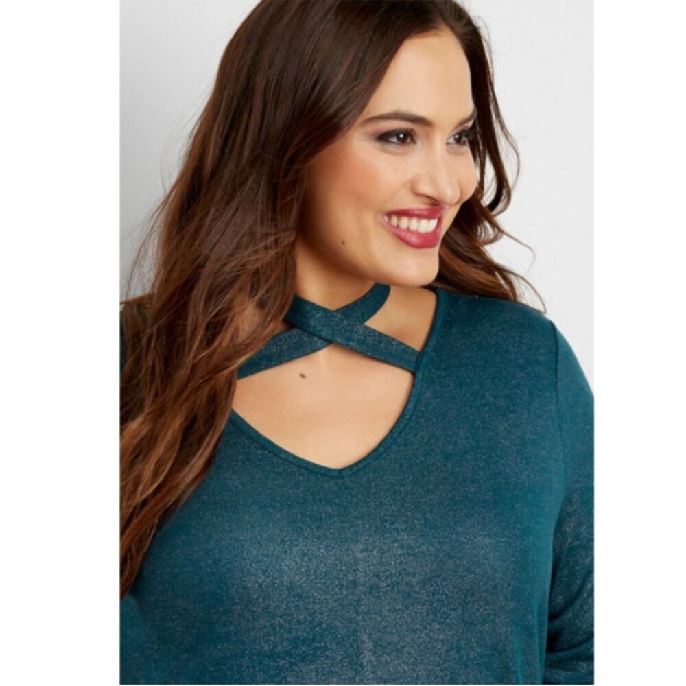 Maurices 24/7 Women's Teal Tie Neck Tee w/ Metallic Shimmer | SZ 1 (16W/18W) NWT